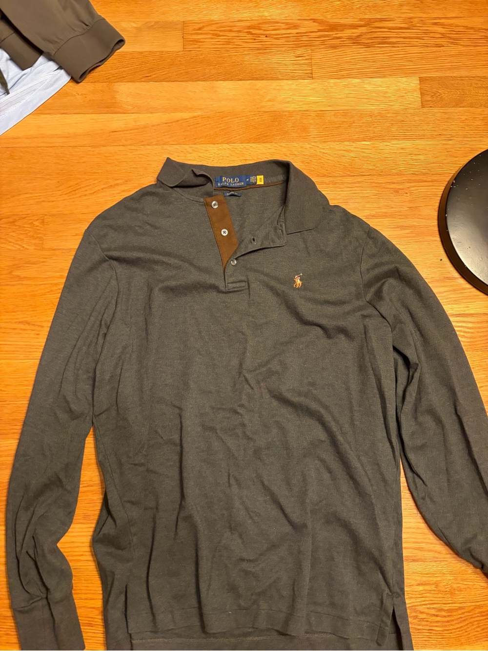 Ralph Lauren Charcoal Long-Sleeve Polo with Brown Placket
